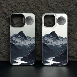 Phone case for iPhone 16 Pro Max 15 Plus 14 13 12 11 XR XS Trendy Snow Mountain and Moon Pattern Full Body Protection Anti-Scratch PC Smartphone Cover