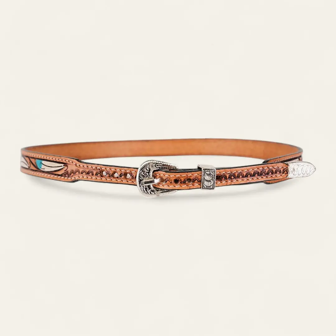 Handtooled  Hat Band - Feathers - Honey  Turquoise