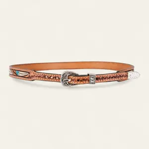 Handtooled  Hat Band - Feathers - Honey  Turquoise