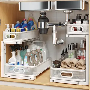 2 Pack Sink Organizer With Cylindrical Rail,2-Tier Pull Out Multi-Purpose Cabinet for&,,Rust-resistant Coating-White