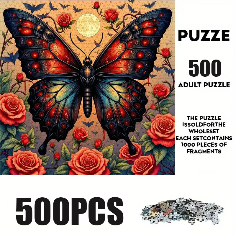 500 Piece Butterfly Puzzle in Rose Design, Creative Puzzle, Puzzle Game, Large Adult Family Interactive Toy, DIY Home Decor Brain Challenge, Art Puzzles Gift, Perfect Gift