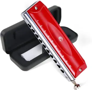 Chromatic Harmonica - Valveless for  & Adult Beginners, 10 Hole, Key of C, Stainless Steel Mouth Organ with Brass Reed, in Case, C Key Red