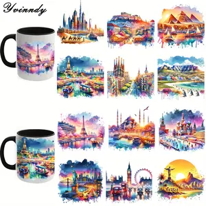 12PCS/SET Watercolor City DIY UV Transfer Paper Set - Waterproof Vinyl Transfer Paper For Cups, Bottles, Laptops, Vinyl Stickers
