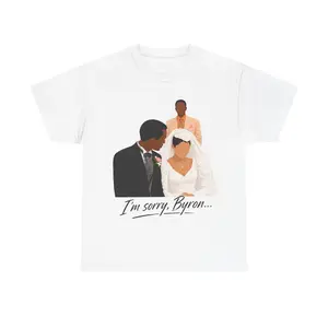 Men's Cotton Knit Ribbed Round Neck Casual Short-Sleeve T-Shirt - Relaxed Fit, Breathable Fabric, "I'm Sorry Byron" Wedding Scene Print, Bride Groom Illustration, Menswear Pairable with Jeans