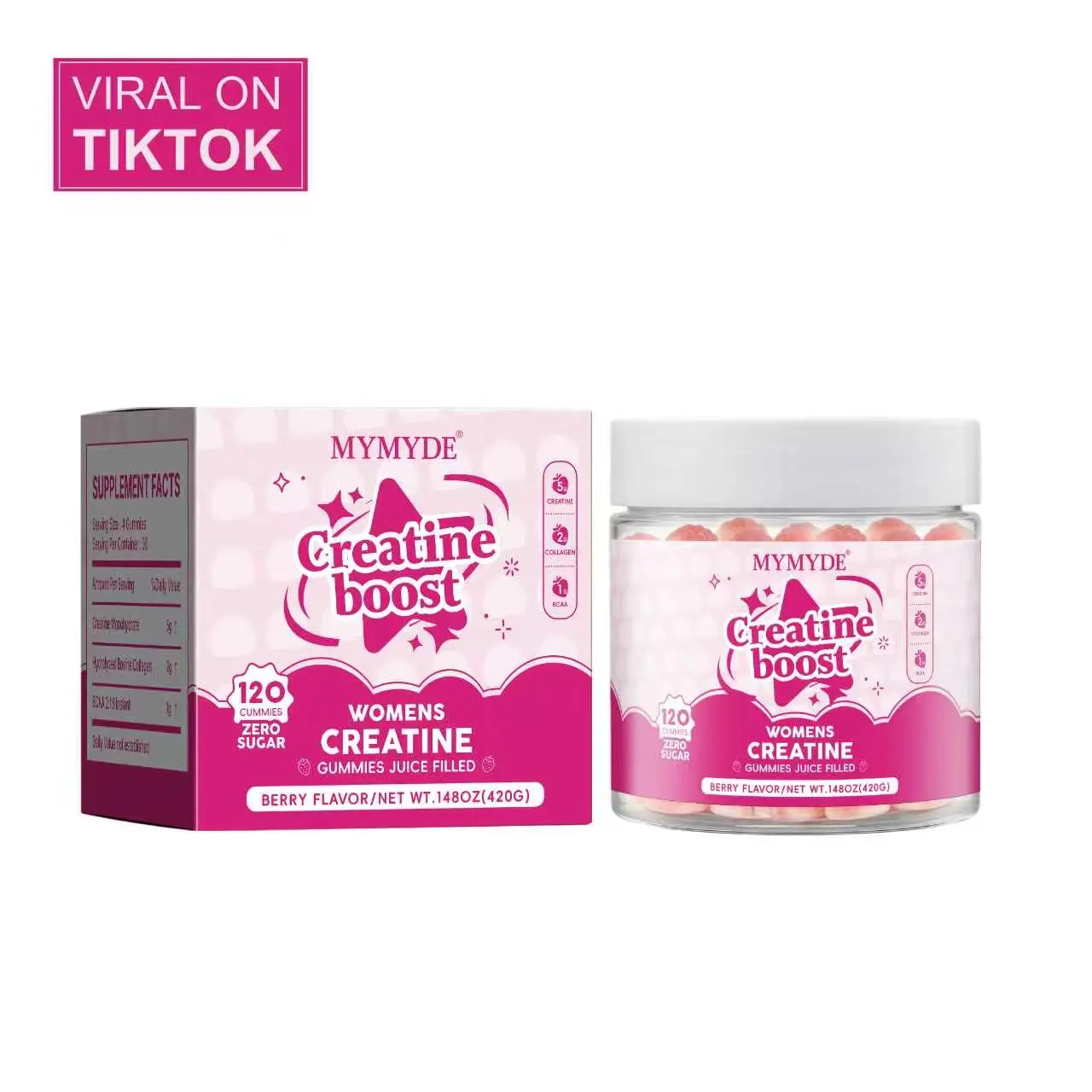 MYMYDE: Gominolas de creatina sin azucar aptas tanto parahombres como para mujeres. Cada racion contiene 5 g decreatina, 2 g de colageno y 1 g de aminoacidos de cadenaramificada. Gominolas con sabor a fruta. Cada caja contiene120 unidades.