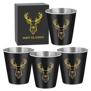4pcs/set Deer Head Pattern Small Size Stainless Steel Shot Glasses, Metal Cup, Portable Outdoor Camping Travel Hunting Cup, 70ML Capacity Liquor Glasses for Kitchen Club Party, Perfect Gift for Christmas & Halloween