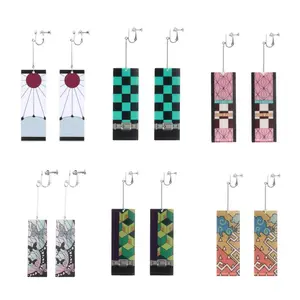 Japanese Anime Style Green Black Checkered Tanjiro Kamado Cosplay Kimono and Acrylic Ear Clip Accessory Suit Nezuko Kamado Coat