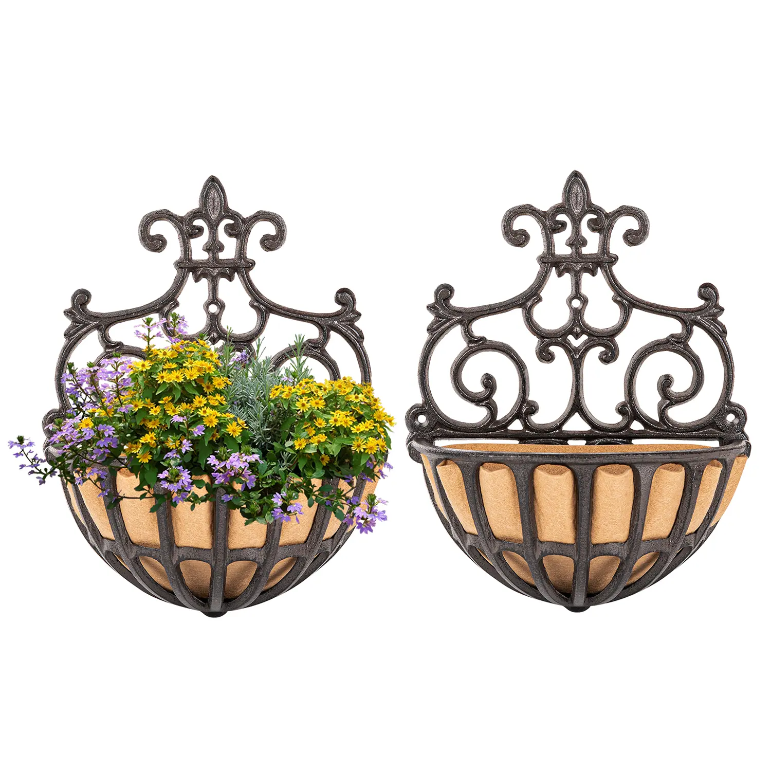 Sungmor 2PC Hanging Flower Pots & Planters - Heavy-Duty Cast Iron Antique Victoria Half-Round Wall Planters with Fabric Liners, Plant Hanger for Outdoor Railing Plant Holder, Hanging Baskets