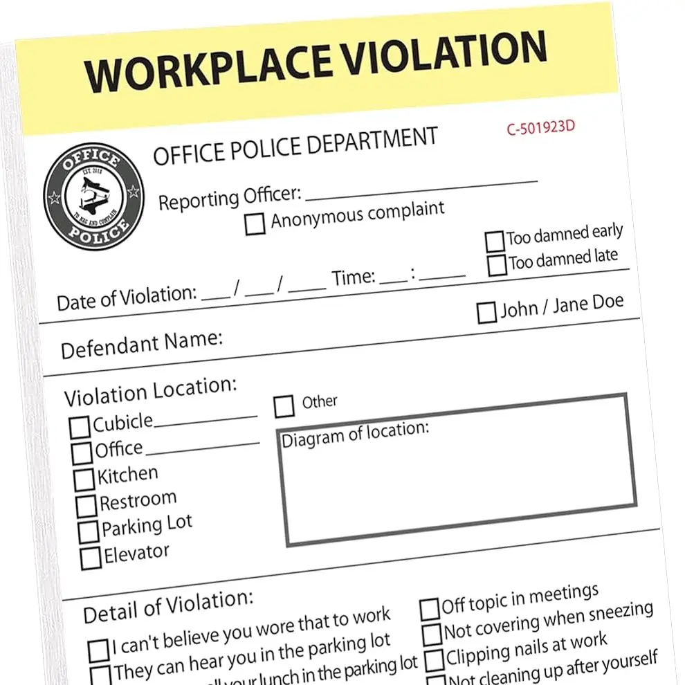 Office Workplace Violation Notice With Touch of Humor, Funny Workplace Police Message for Coworkers and Cubicle Neighbors, Self-Adhesive Sticky Notepad, 4 x 6-Inch, 50 Sheets