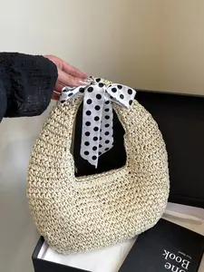 Women's Polka Dot Scarf-Decorated Straw Handbag, Single Shoulder Straw Bag, Elegant and Stylish Accessory for Daily Use
