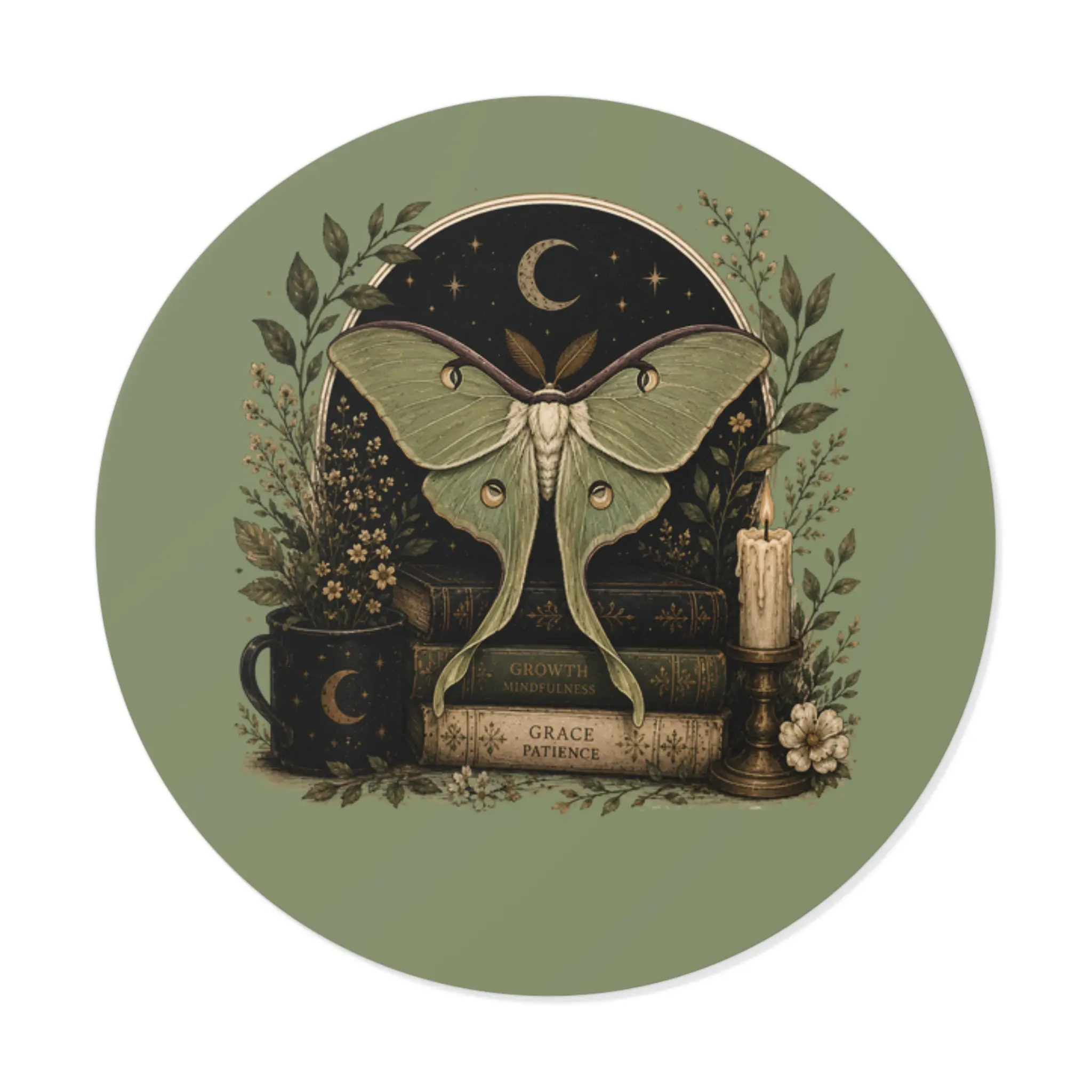 Mystical Moon Moth Decorative Stickers - Round Shape Vinyl Stickers with Botanical, Moon, Book, Candle Designs for DIY Scrapbooking & Stamping