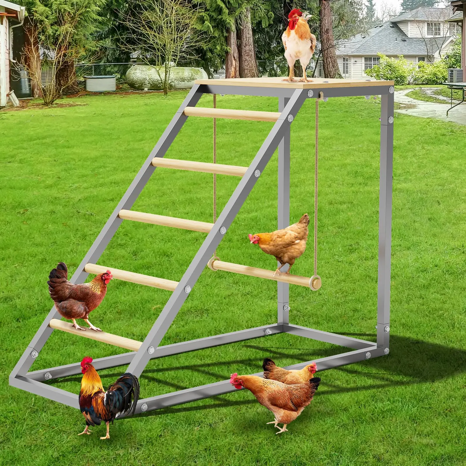 Chicken Perch for Coop, Chicken Roosting Bars with Swing and Ladder Design for Backyard Farm, Roosting Bars for Chickens in Coop, 37.6"x15.7"x27.5"