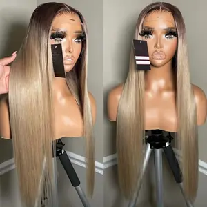 13x4 Ombre Ash Blonde Brown Roots Lace Frontal Straight Wig 200 Density Transparent Lace Front Human Remy Hair Wigs for Women Pre Plucked