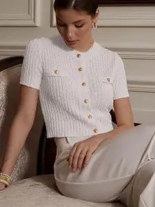 Summer New Women's Fashion Chic Knitwear Blouse with Soft and Gentle Ladylike Charm, Casual and Simple Everyday for Dates, Breathable and Versatile Short Sleeve Top, Button-Up Cardigan Blouse, Commute Knitwear Top