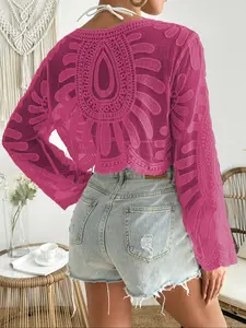 Women's Floral Embroidery Semi-sheer Cover Up Top, Boho Casual Long Sleeve Cover Up for Beach Vacation, Ladies Clothes for All Seasons, Beach Cover Ups, Swimwear Coverups