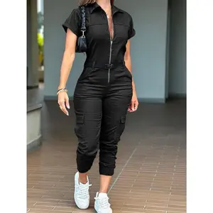 2025 New Women's Fashion Zipper Jumpsuit Short Sleeve Lapel Multi-Pocket Belt Jumpsuit(Sheet)