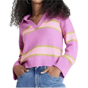 Wild Fable Purple Striped Collared V Neck Sweater Size S Casual Fabric