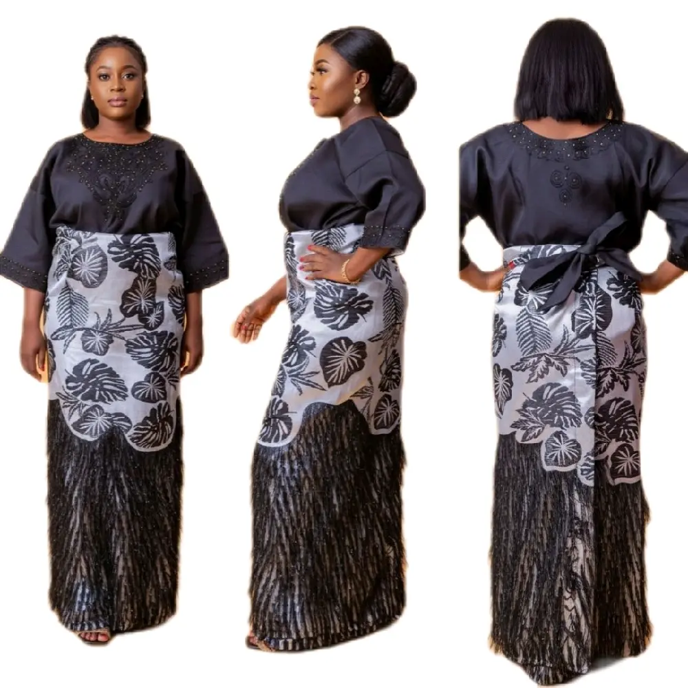 Black Embroidered Buba and Eleganza Brocade Iro with Leaf Pattern and Fringe Detail