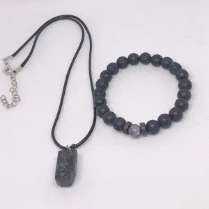 Natural Black Tourmaline Pendant Necklace and Bracelet Set Healing Grounding Negative Energy