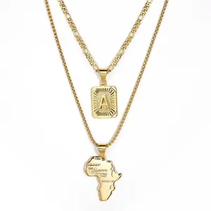 Initial Letter Map shape Pendant Necklace Gold Plated Jewelry Set for Women Men