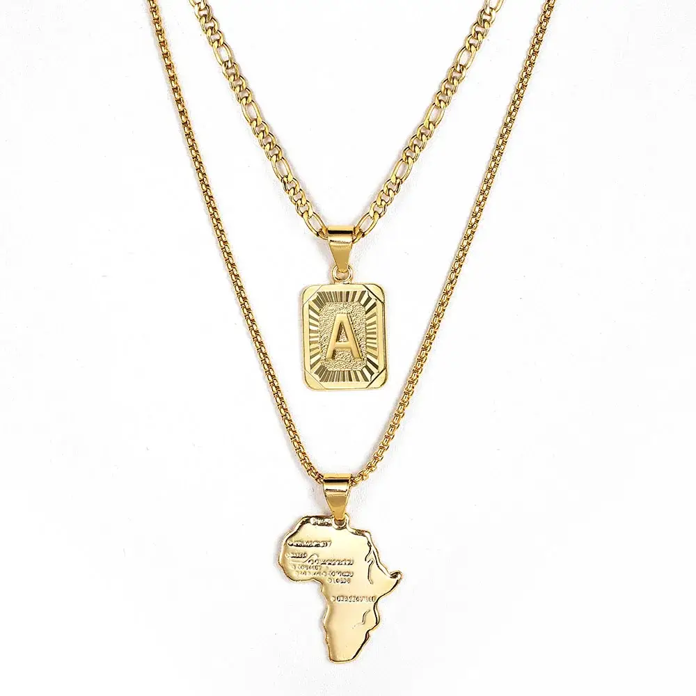 Initial Letter Map shape Pendant Necklace Gold Plated Jewelry Set for Women Men