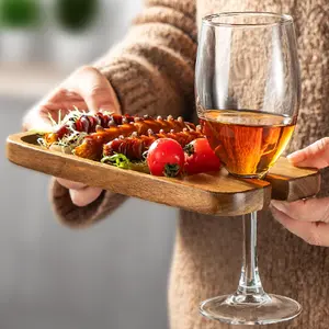 Wine Appetizer Plates,  Mini Charcuterie Boards Accessories Cocktail Plate with Glass Holder, Cheese Plate Serving Board Gift for Picnic Parties FathersDay (Acacia Wood), Set of 2