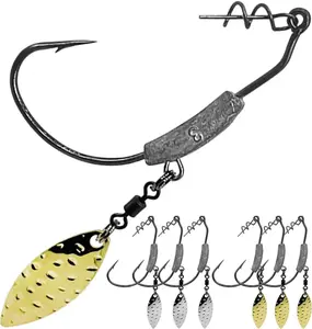 Weighted Swimbait Hooks, 6 count Underspin Swimbait Hook with Twistlock, Weighted Crank Hooks with / Spinner  for Soft Fishing Lures