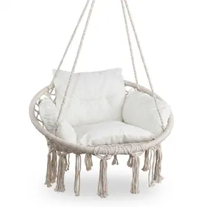 【Mother's Day Gift] Macrame Hanging Chair - Handwoven Cotton Hammock Chair Swing for Garden, Patio, Bedroom & Balcony, Includes Pillow & Hanging Kit