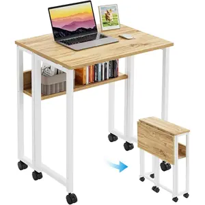 Folding Desk Small Rolling Desk with Storage Shelf,24.8 inch Foldable  Desk with Wheels for Small Space,Easy Assembly,Oak