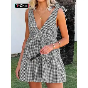 Women's checkered printed bow tie decorative lace up dress, casual and fashionable golden yellow dress, suitable for daily vacation wear, summer women's dressRAIMENTRY