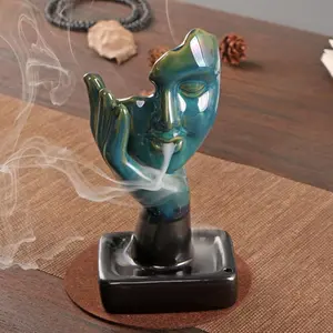 Thinking Statue Reflux Incense Stand Waterfall Burner with 30 Incense Sticks 20 Cones Mat Tweezer Aromatherapy Ornament for Home Office Yoga Meditation Fragrance