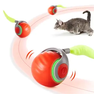 Moving Ball Cat Toys with Feather Tail, Rechargeable 2025 New Interactive Toy for Indoor Cats Exercise, Smart Interactive Kitten Rolling Ball, Orange