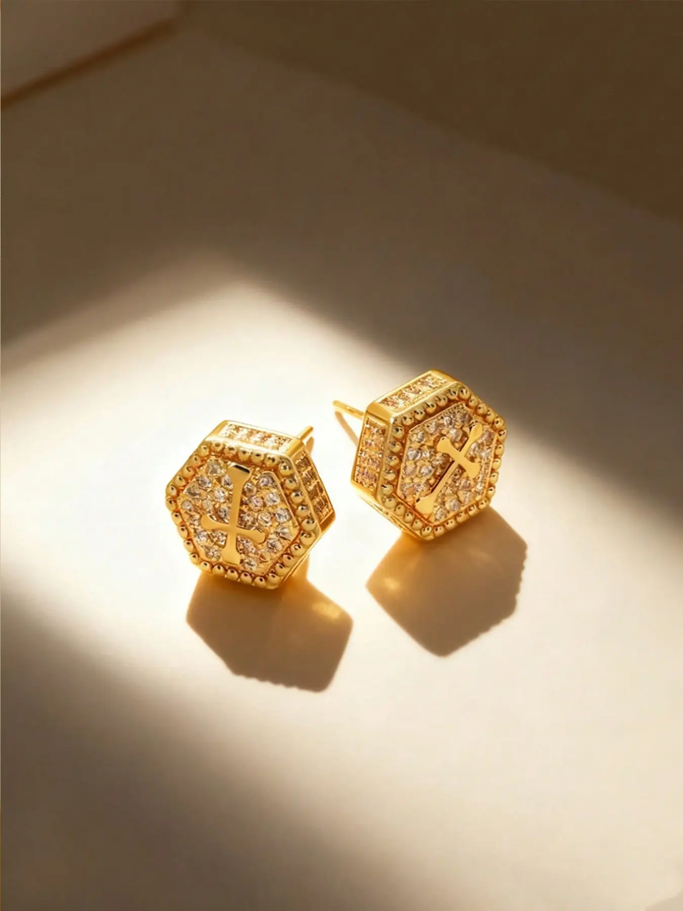 18k Gold Plated Hexagonal Cross Earrings, Geometric Earrings, Crystal Embedded Religious Symbol Jewelry, Trendy Street Style, Faith-Inspired Design
