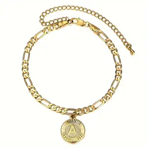 Stainless Steel Golden Figaro Chain Hot Fashion Anklet with Initial Letter for Men Women Jewelry Gift