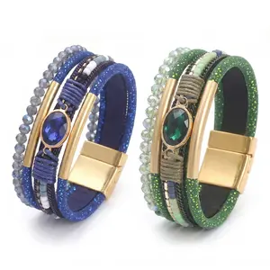 Boho Multi-Layer Leather Wrap Bracelet for Women, Women’s Crystal Beaded Stackable Cuff Bangle with Magnetic Clasp, Trendy Layered Statement Jewelry