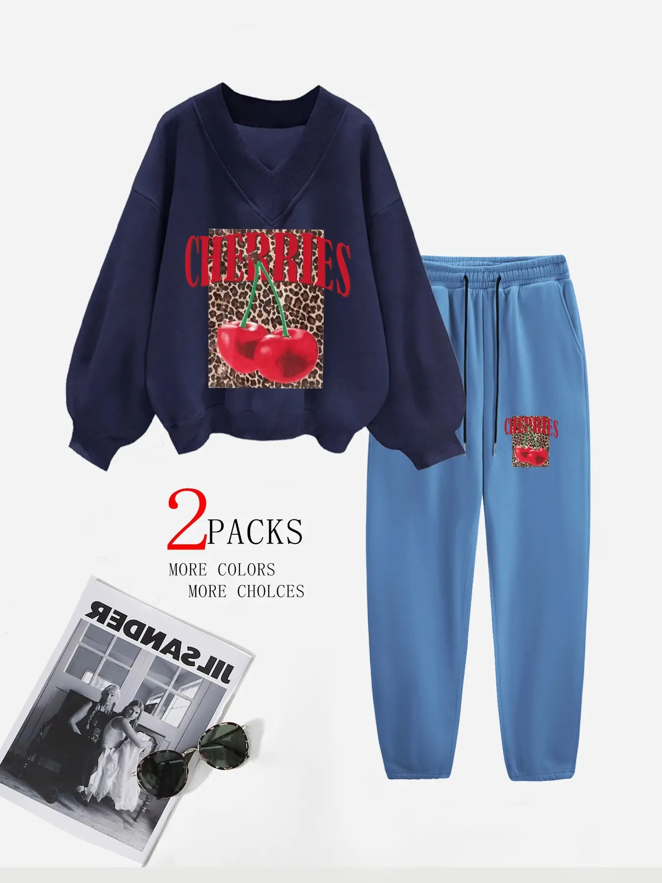 Women's V Neck Warm Pullover Sweater & Sweatpants Set, Leopard Cherry Print, Casual Fashion, Fall Winter, Camping Travel Party School