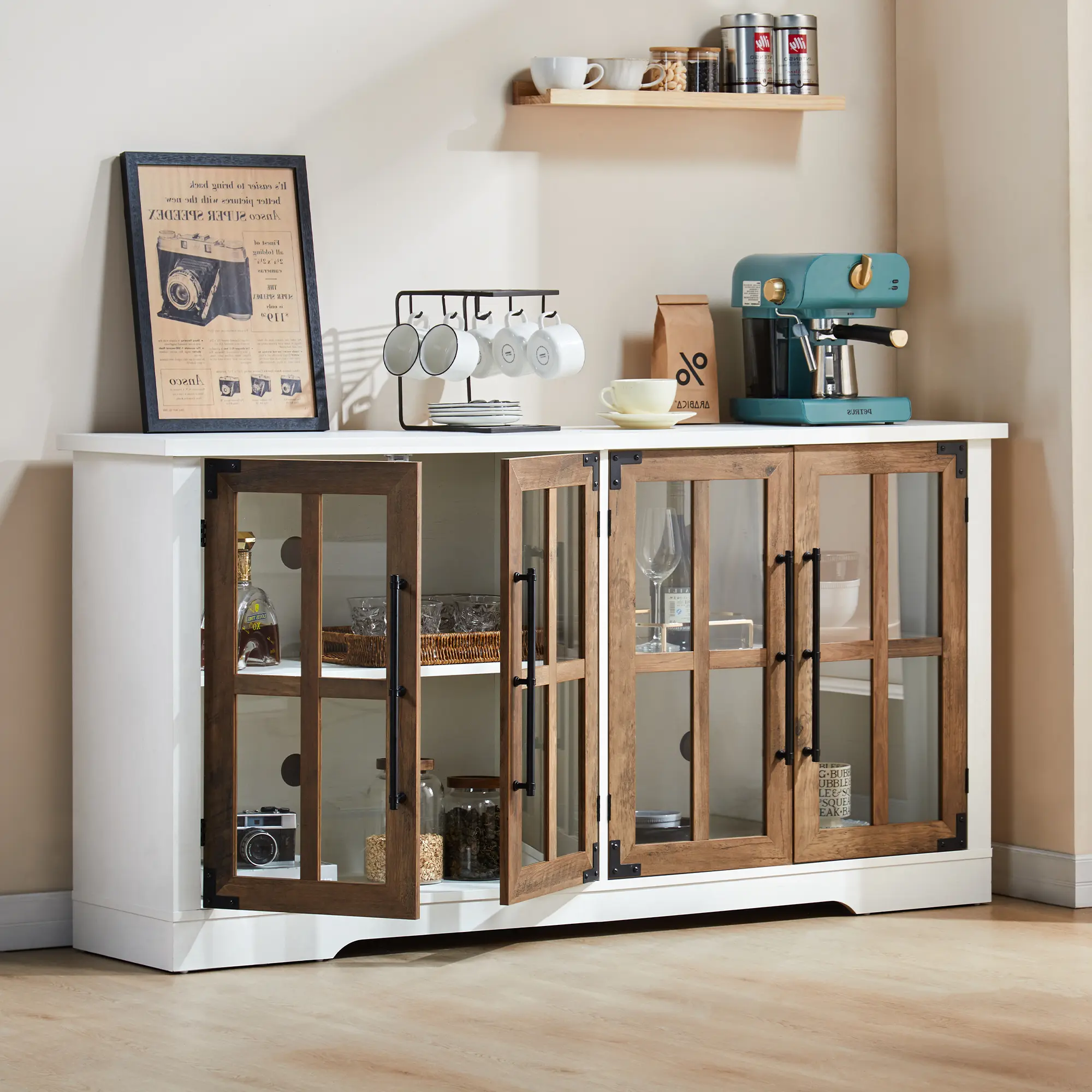 Amerlife 63" Sturdy Chic Farmhouse Double-Wide Kitchen Sideboard - 20 - 25 Kg Wooden Storage Cabinet with 4 Glass Doors, Adjustable Shelves, Vintage Design, TV Cabinet, Assembly Required, Ideal for Kitchen Use, Christmas Gift Option