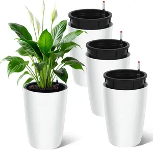 GAOMON Tall Planters for Outdoor Plants, 16 in Large Planters Set of 4, Outdoor & Indoor Planters with Water Level Monitor ＆ Inner Bucket, Automatic Watering, for Porch, Patio, Backyard, White