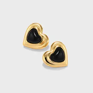 Minimalist Black Onyx Heart Earrings 24K Gold Plated Engagement Wedding Anniversary Love Gift For Her - booneealus