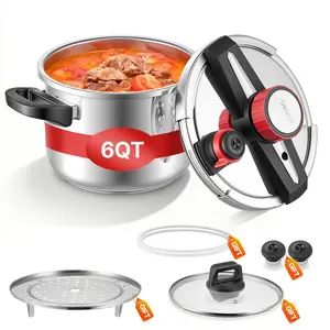 fathersdaygift VEVOR Pressure Cooker, 6.3Qt Pressure Cooker Stainless Steel, Pressures Canner with Steaming Rack, Tempered Glass Lid, Three Pressures Settings for Meat, Beans, Rice, Soup, Sauces, Cook up to 100 kPa