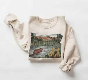 Retro Oregon Animals & State Flowers Sweatshirt - Nineties 90s Vintage Cute Beaver Yellow Oregon Grapes - Boho Unisex Crewneck Sweatshirt, Cotton  Menswear Womenswear Underwear Streetwear Top