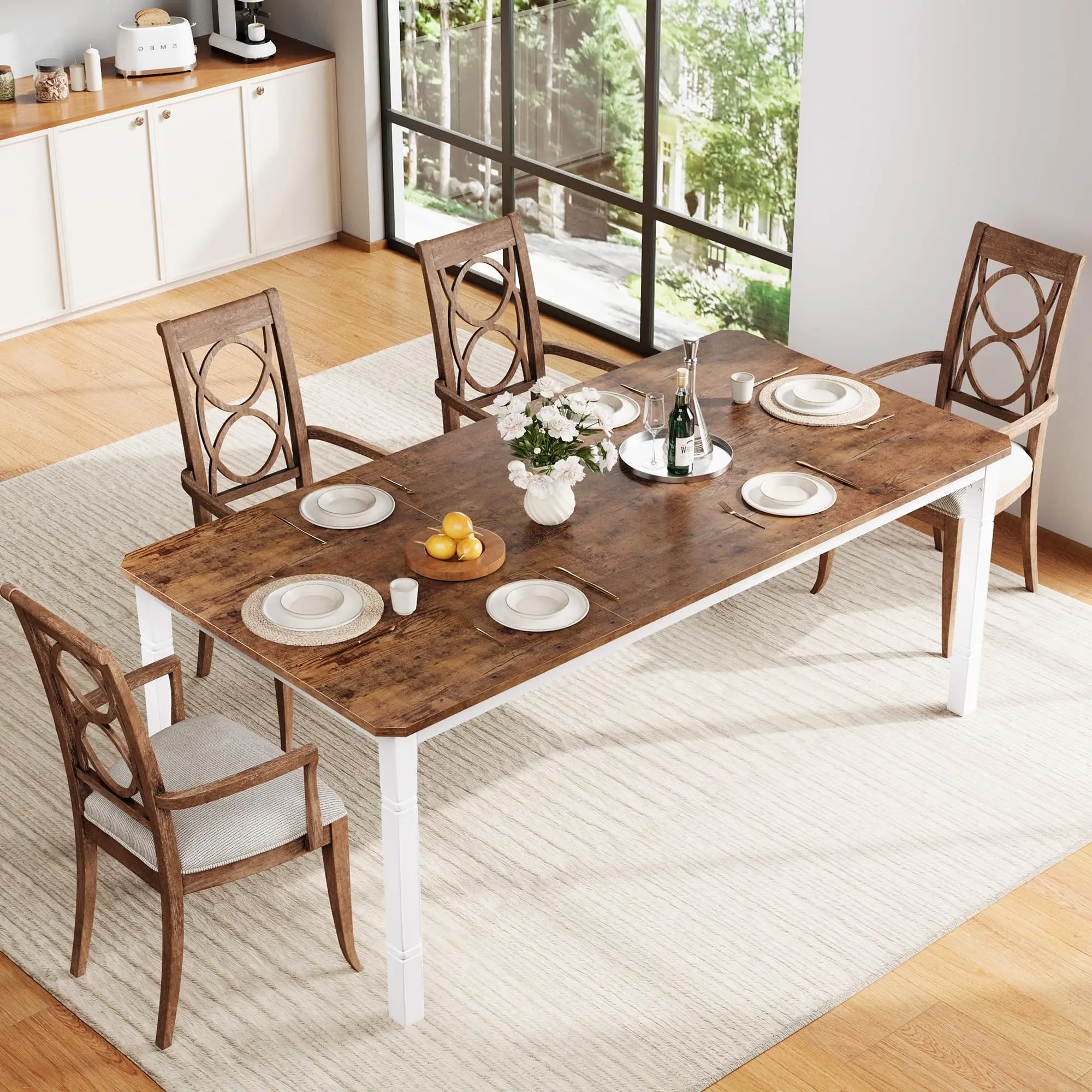 Garvee Industrial Dining Table for 6-8 with Plain Wood Top and Sturdy Metal Legs, Featuring Chamfered Corners, Modern Farmhouse Style, Easy Assembly, Ideal for Kitchen, Dining Room, and Living Room