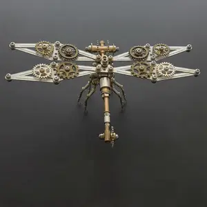 Mechanical Metal DIY 3D Dragonfly Model Insect Brass Puzzle Steampunk Electric Mechanical, Assembly DIY Gift Craft Hobby for Men (Dragonfly B)