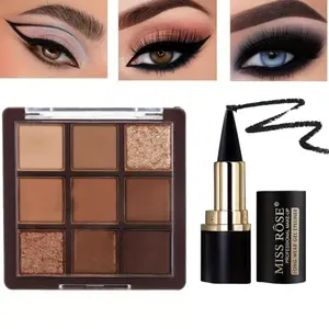 9 Color Eyeshadow Palette + Eye Pencil Set, Rose Gold, Matte & Shimmer, Long-Lasting, Waterproof, Beginner-Friendly Makeup, Eye Makeup Products