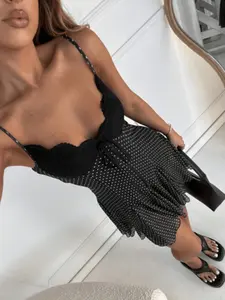Summer Polka Dot Casual Vacation Thin Strap Mini Dress, Women's Fashionable Short Sleeve Party Wear, Comfortable & Stylish Design, Spaghetti Strap