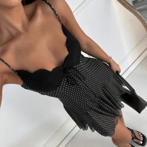 Polka Dot Casual Vacation Mini Dress, Slim-Fitting Ditsy Floral Pattern, Elegant Unlined Dress for All Seasons, Batch Number 20260914