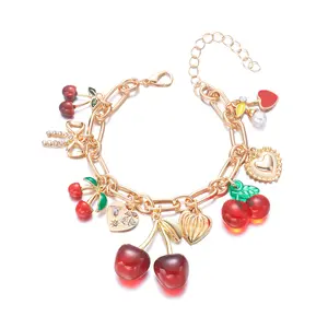 New Design Gold Plated Fruit Cherry Bracelet For Women Zircon Heart Shape Red Strawberry Pearl Metal Chain  Bangle Party Jewelry