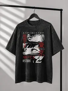 Washed Japanese Comic Panel Graphic Tee, Men's Aesthetic Streetwear Shirt, Comfortable Soft Feel Tops