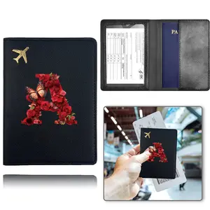 Premium PU Passport Set for Men and Women, Portable Card Case with Durable Folding Design, Rose Initial Name Holder for Travel, Passport Cover