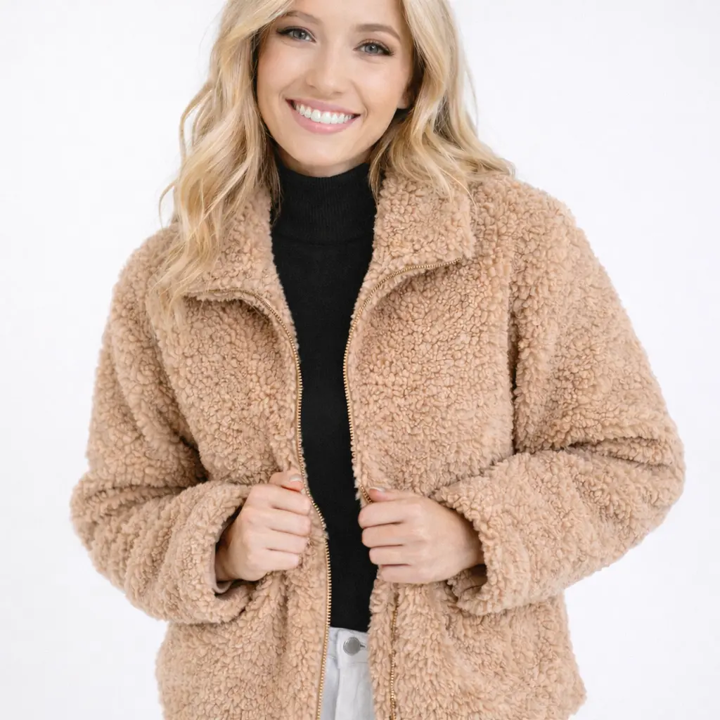 Poodle Sherpa Zip Jacket - Plush Fleece with Soft Tone-on-Tone Lining, Stand Collar, Smooth Zipper, Relaxed Fit, Side Pockets, 100% Polyester Shell, 100% Rayon Lining